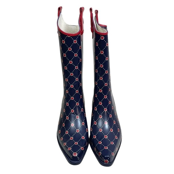 Stadium Stomper Rain Boots Pull Up Pointed Toe Polka Dots Blue Red‎ Women Size 7 - Picture 4 of 8